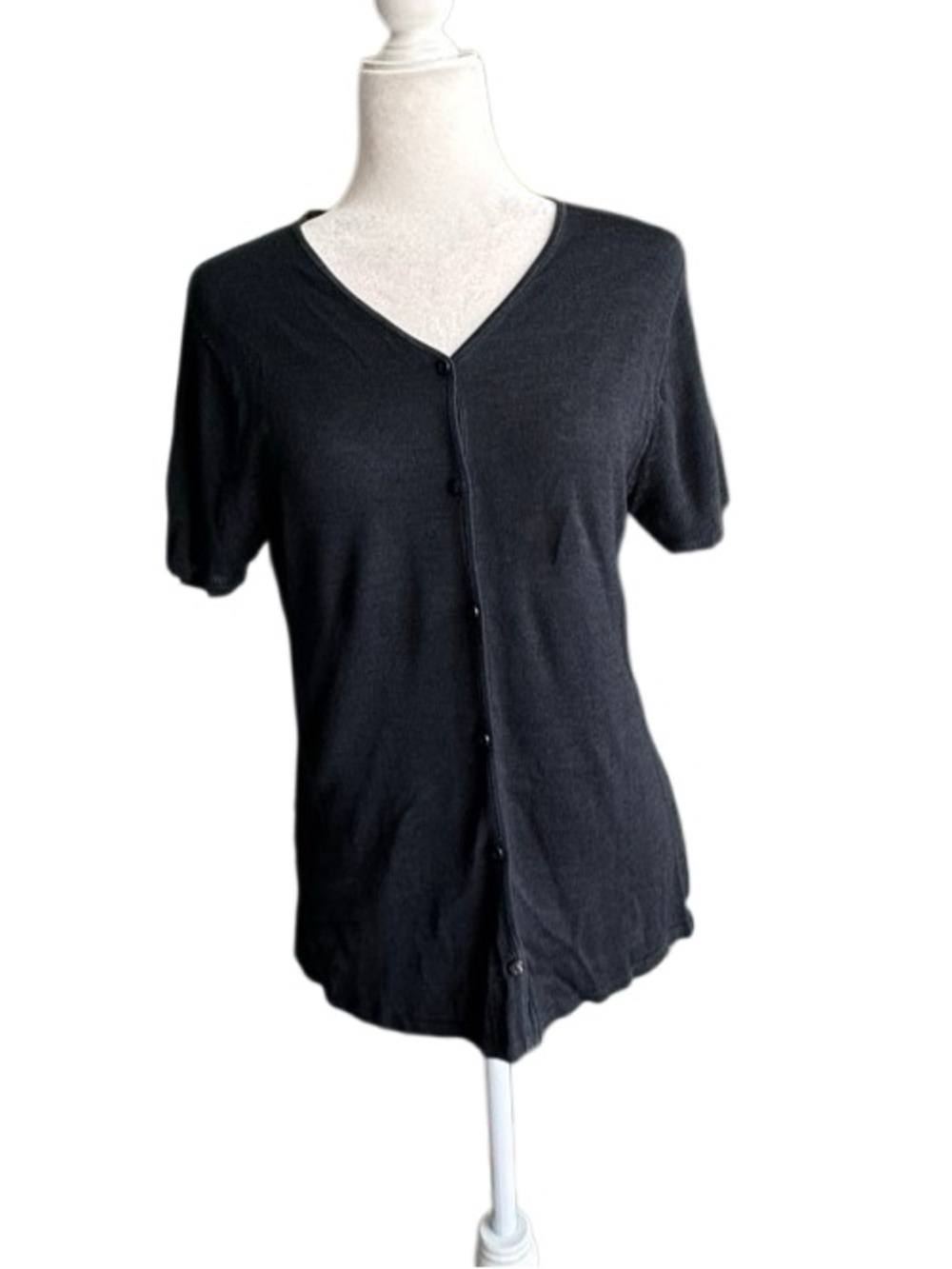 kathy ireland Black Short-Sleeve Button Cardigan Silk Classic Cute SZ L